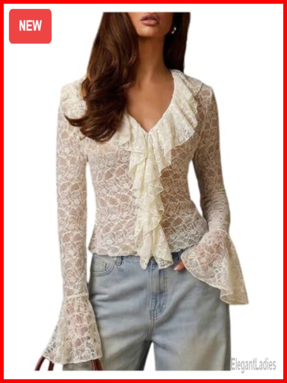 Lace Sheer Mesh Bell Sleeve Ruffle Top Going Out Night Out